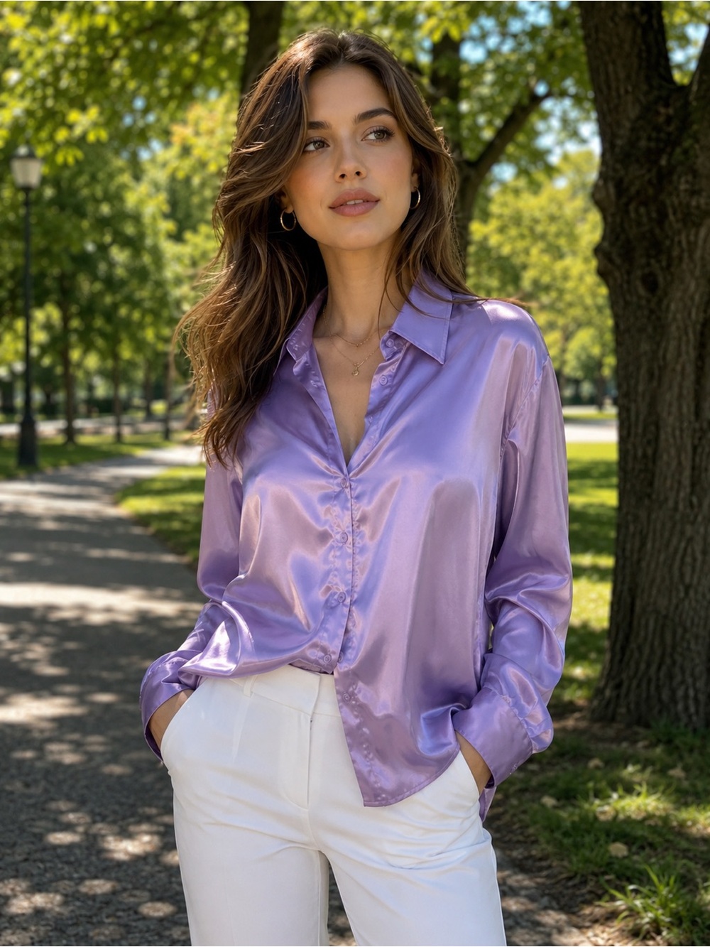Lustrous Lavender Satin Button-Up Blouse - Women